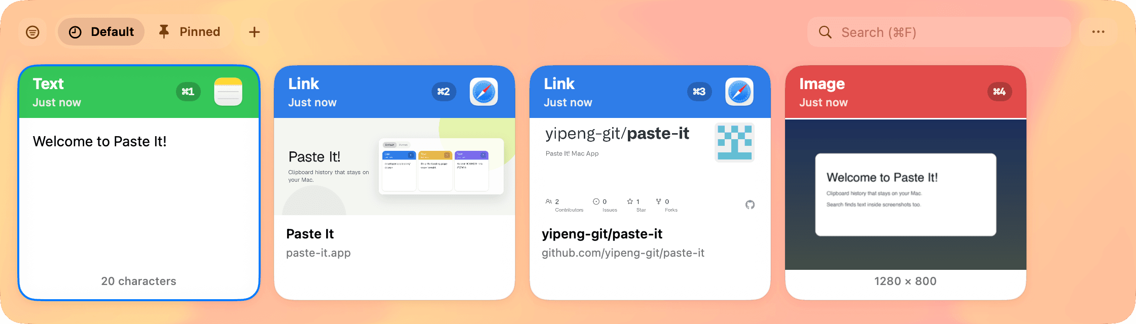 Paste It! clipboard history with text, links, and a copied screenshot