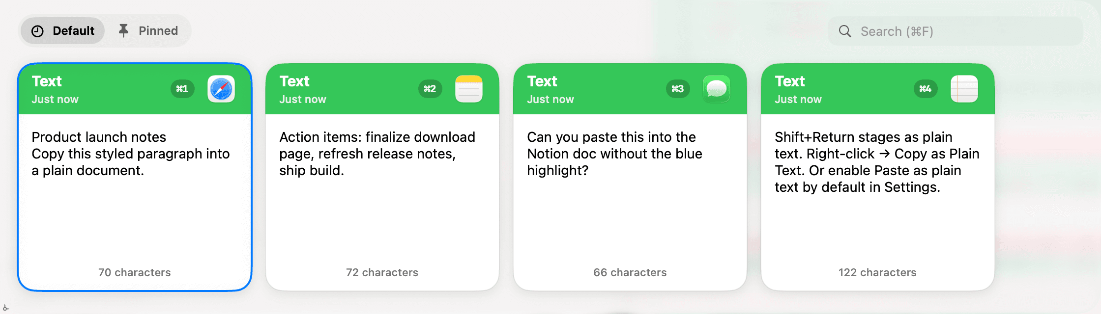 Paste It! clipboard history with Copy as Plain Text on a saved clip