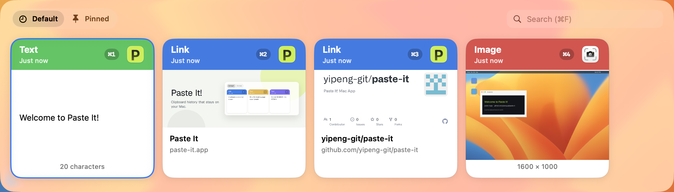 Paste It! history with Welcome to Paste It!, paste-it.app, GitHub, and a desktop screenshot