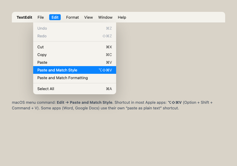 Edit menu highlighting Paste and Match Style (system command, not Paste It!)